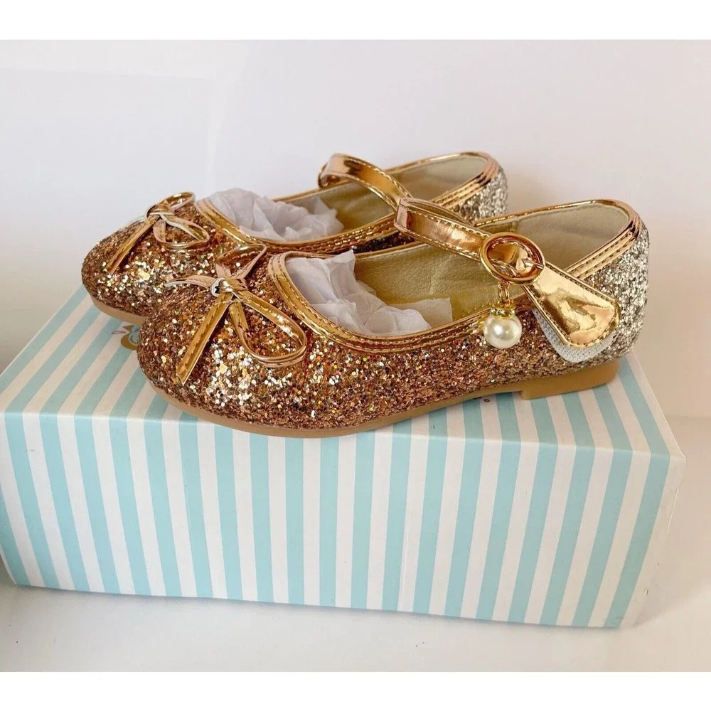 Girls Kids Flat Dress Shoes Size 9 Golden Shiny Princess Wedding Party Beaded